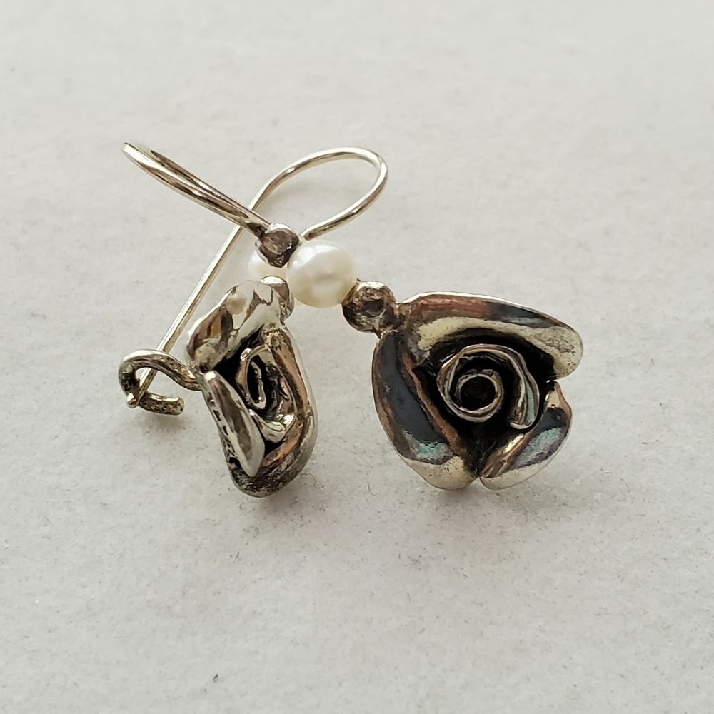 PZ ISRAEL Sterling Rose Earrings with White Cultured Pearl 1.25”L - Picture 9 of 15